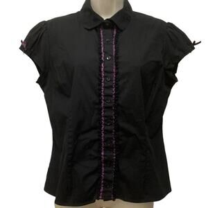 Vintage Morbid Threads XL Black Gothic Blouse Purple Trim Puff Sleeve Y2K